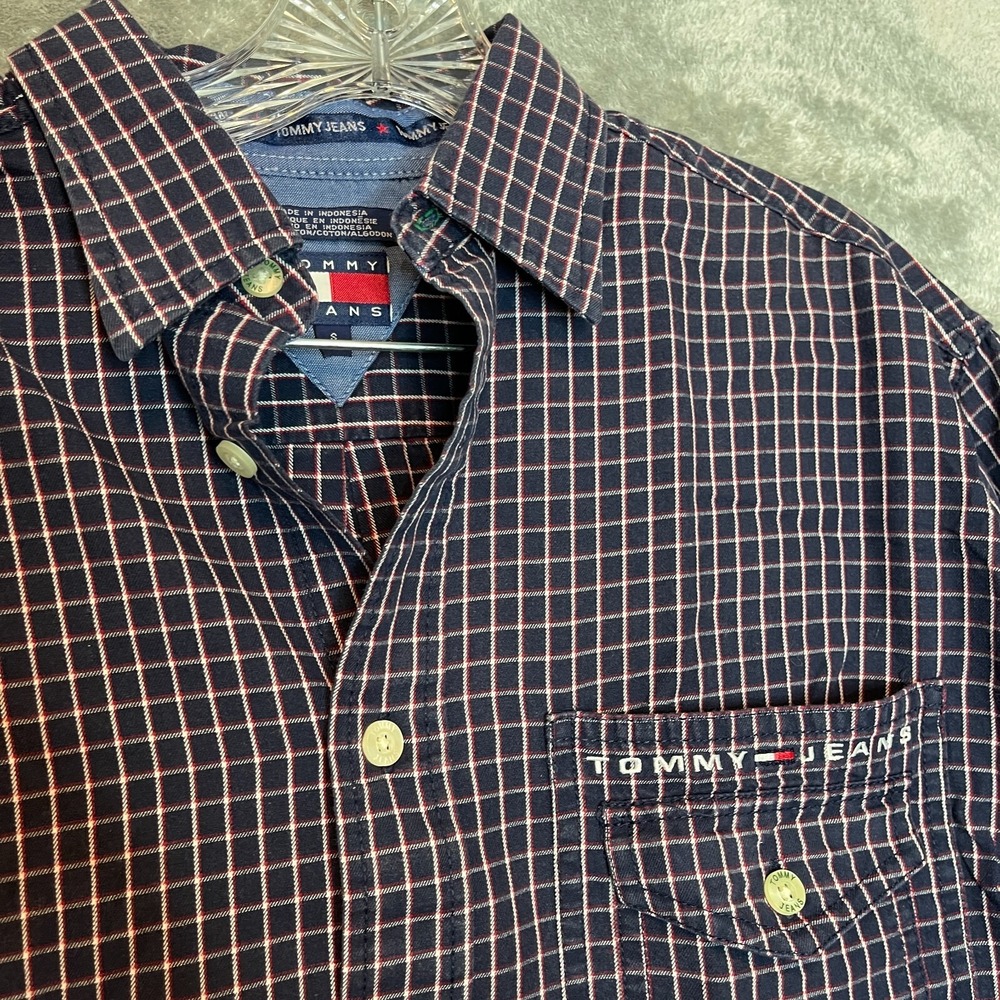 Vtg Tommy Jean Men Preppy Casual Plaid Embroidered Logo Spellout Button Shirt S - Picture 5 of 12